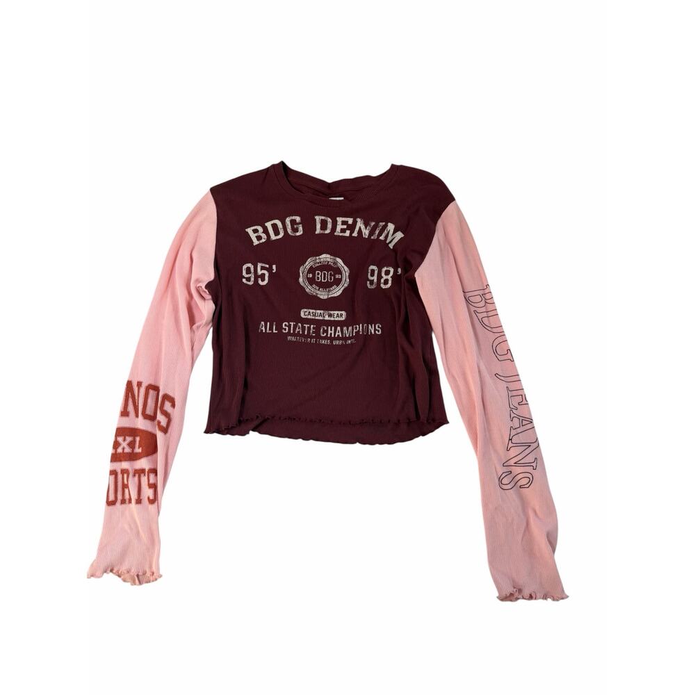 BDG Urban Outfitters Collegiate Block Letterman Ribbed Red Pink Crop Large
